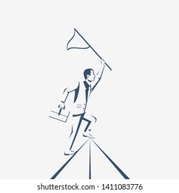 Silhouette businessman hold flag on top of mountain. Goal achievement. Mountain peak as a symbol successfull mission. Business concept. Enjoys victory. Progress. Achievements in work.