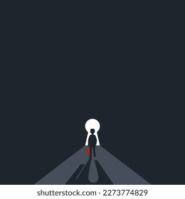 Silhouette businessman holding briefcase walking in keyhole door concept. Finding a way in the dark tunnel for looks at opportunities.Vector illustration flat design for banner, poster, and background