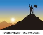 Silhouette businessman holding a flag on mountain peak, Evening sky background, Achievement leadership business concept of victory and success, Flat design vector illustration
