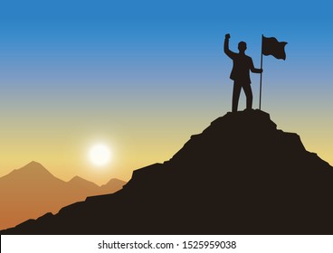 Silhouette businessman holding a flag on mountain peak, Evening sky background, Achievement leadership business concept of victory and success, Flat design vector illustration