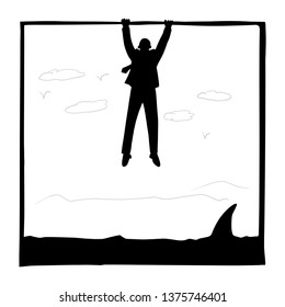 silhouette businessman holding a frame over a shark vector illustration sketch doodle hand drawn isolated on white square background. Business investment concept.