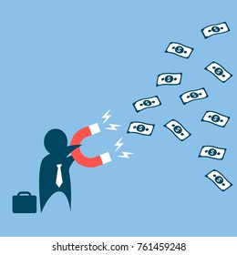 Silhouette businessman holding horseshoe magnet attracting or pulling cash paper money