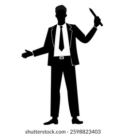 Silhouette of a businessman holding a pen, symbolizing leadership, presentation, or professional communication. Simple black vector illustration, suitable for business concepts, office presentations, 