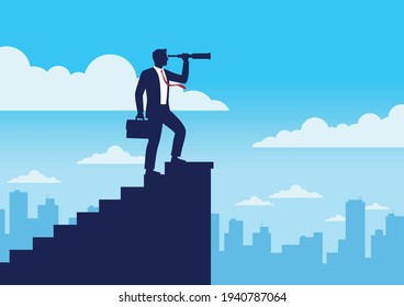 Empresario de Silhouette sosteniendo un telescopio en la parte superior de la escalera buscando el éxito, Buscando nuevos objetivos de negocio, Encontrando ambición y concepto de motivación, Ilustración vectorial de diseño plano