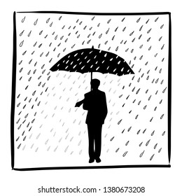 silhouette businessman holding umbrella in rain vector illustration sketch doodle hand drawn isolated on white square frame background. Business concept.
