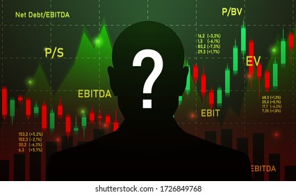 Silhouette of Businessman, investor, analyst or broker Trading Stocks with question mark on dark background. Background with charts and multiplicator.