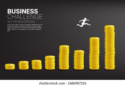 Silhouette of businessman jump to higher column of money graph. Concept of risk , success and growth  in business