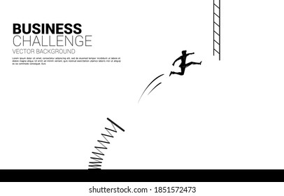 silhouette of businessman jump to ladder with spring board. Concept of vision mission and goal of business