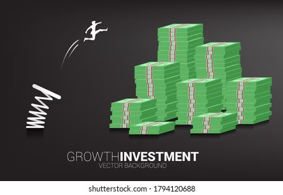 Silhouette of businessman jump to money banknote stack with spring. Concept of boost and growth in business.