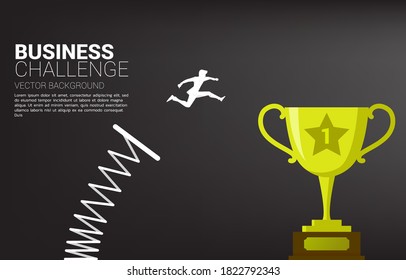 Silhouette of businessman jump to top of champion trophy with springboard. Concept of boost and move forward in business.