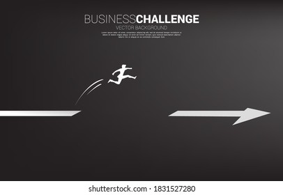 Silhouette of businessman jumping across the gap on arrow. Concept of people ready to start career and business