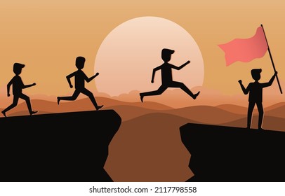 Silhouette of a businessman jumping high above two mountains following the leader. The team leader waits for the other party to hold the flag. Going forward, hopes, goals, overcoming obstacles.