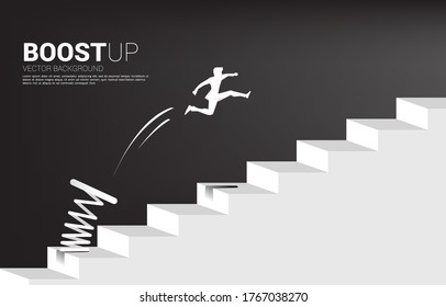 silhouette of businessman jumping to pass step with springboard,. Business Concept of targeting and customer.route to success.