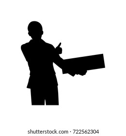 Silhouette businessman with label in hand on white backgroud