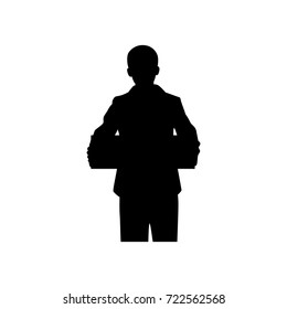 Silhouette businessman with label in hand on white backgroud