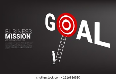 silhouette of businessman with ladder to target dartboard in goal word. Concept of vision mission and goal of business