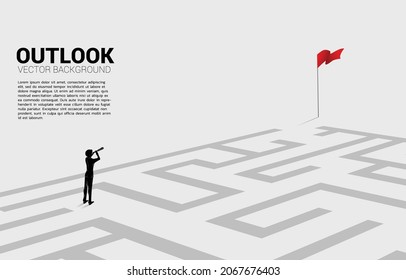 Silhouette of businessman look in telescope enter to  maze to red flag. business concept for finding solution and reach goal