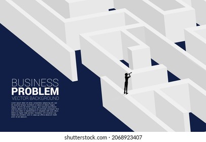 Silhouette of businessman look in telescope enter to  maze to red flag. business concept for finding solution and reach goal