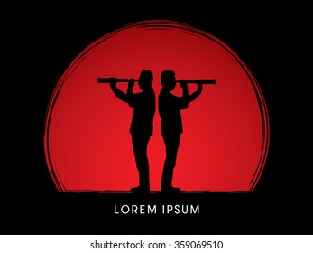 Silhouette businessman, looking telescope for planning marketing strategy ,on sunrise background graphic vector.