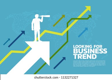 Silhouette Of Businessman Looking Through Telescope To Business Trend Graph. Business Concept.