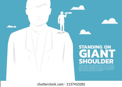 Silhouette of businessman looking through telescope standing on giant shoulder . advantage in business.