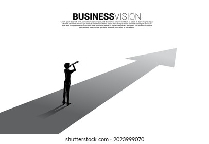 Silhouette of businessman  looking through telescope on forward arrow. business concept for mission and finding trend.