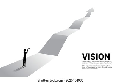 Silhouette Of Businessman  Looking Through Telescope On Forward Arrow. Business Concept For Mission And Finding Trend.