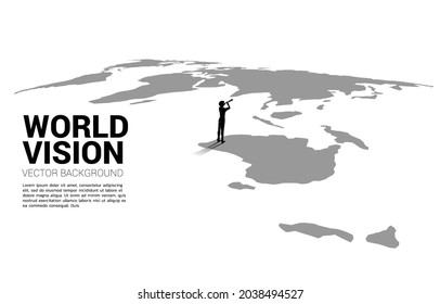 Silhouette of businessman looking through telescope on world map. Business Concept of world target mission.