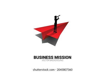 Silhouette of businessman looking through telescope on origami paper airplane. Business Concept of leadership and vision mission.