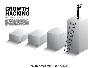 Silhouette of businessman looking through telescope standing on business trend graph. business concept for mission and finding trend.