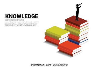 Silhouette of businessman looking through telescope standing on top of book stack. Concept background for power of knowledge. 
