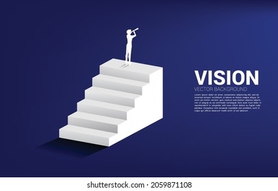 Silhouette of businessman looking through telescope standing on the stair. business concept for mission and vision.