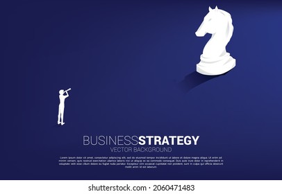 Silhouette of businessman looking through telescope to  knight chess piece 3D silhouette vector. icon for business planning and strategy thinking