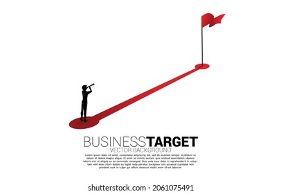 Silhouette of businessman looking through telescope standing on route path to red flag at goal. Concept of people ready to start career and business to success.