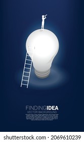 Silhouette of businessman looking through telescope standing on standing on light bulb with ladder. Business Concept of finding creative idea and solution.