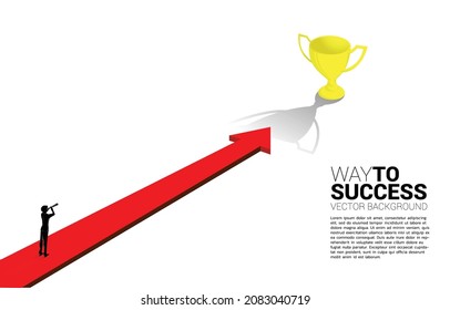 Silhouette of businessman looking through telescope on Arrow move to golden trophy. Concept for business direction and mission vision