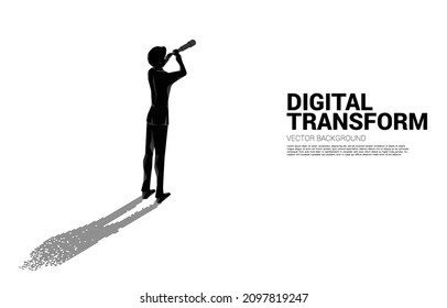 Silhouette of businessman looking through telescope with shadow from digital dot pixel. business concept of digital transformation and digital footprint.