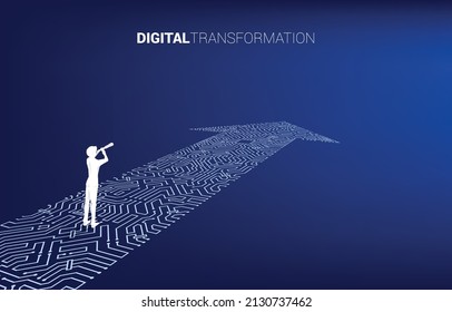 Silhouette of businessman looking through telescope with the way with dot connect line circuit. concept of digital transformation of business