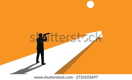 A silhouette businessman looking through a telescope towards a distant goal, standing on an upward-moving arrow against a bright orange background, symbolizing future vision and strategic direction.