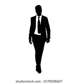 Silhouette of a businessman or a male model wearing a suit with a walking style, vector illustration on a white background.