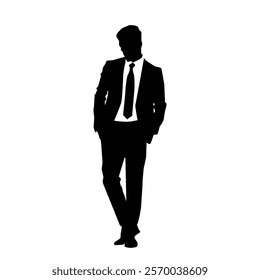 Silhouette of a businessman or a male model wearing a suit with both hands in pockets, vector illustration on a white background.