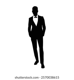 Silhouette of a businessman or a male model wearing a suit with both hands in pockets, vector illustration on a white background.