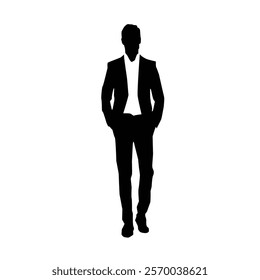 Silhouette of a businessman or a male model wearing a suit with both hands in pockets, vector illustration on a white background.