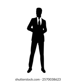 Silhouette of a businessman or a male model wearing a suit with both hands behind his back, vector illustration on a white background.