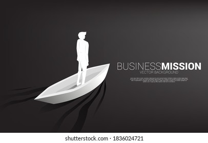 Silhouette of businessman on boat moving forward. Business Concept of leadership and vision mission.