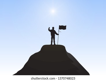 Silhouette of businessman on top of mountain holding flag with fist raised up on blue sky background, successful, achievement and winning concept vector illustration