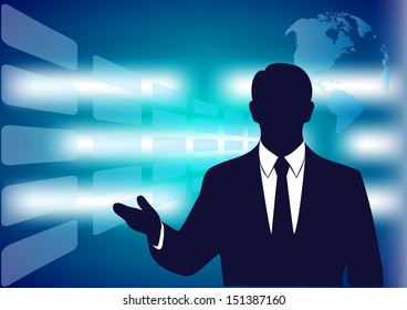 silhouette of the businessman with an outstretched arm on a blue abstract background
