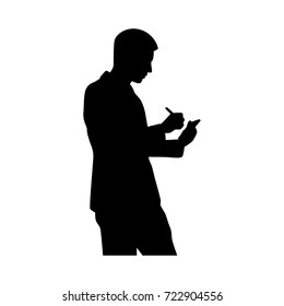 Silhouette businessman with pen and notebook in hand on white background