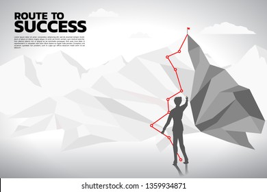 Silhouette of businessman planning to top of mountain. Concept of Goal, Mission, Vision, Career path, Polygon dot connect line style