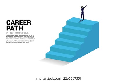 silhouette of businessman point finger on top of stair. Concept of vision mission and goal of business